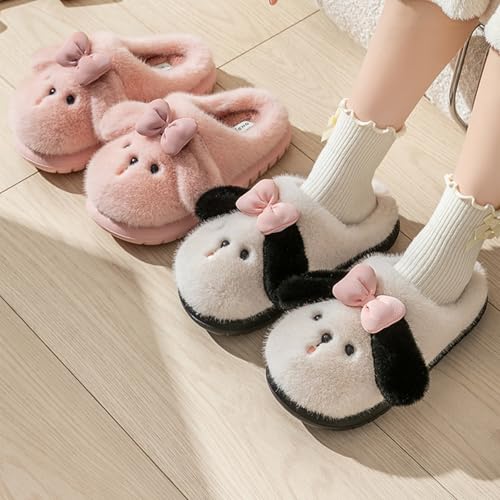 Fluffy Cute Puppy Warm Fuzzy Cartoon Adorable Dog Design with Bow Slippers Comfy Autumn Winter Indoor Outdoor Slippers 7