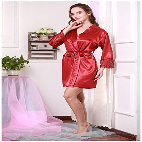 XTQDM Pijama,Ropa de Dormir de Encaje Sexy para Mujer Ropa de Dormir Kimono Robe Soild Primavera Verano Casual Albornoz de Seda Cinturón Elegante Baño SPA Robe XL Rojo