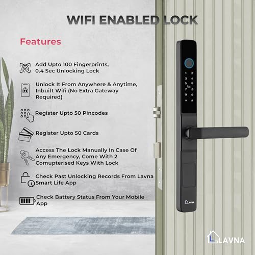Image of LAVNA Digital Door Lock with Fingerprint, WiFi, Mobile app, PIN, Card and Manul Key Access for UPVC, Aluminium and Wooden Doors (Slim) (Black)