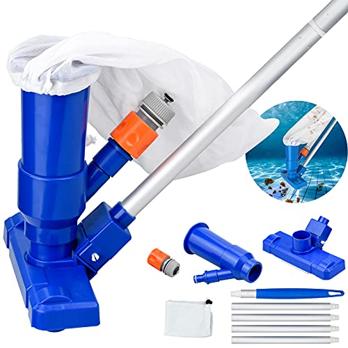 SGerste Pool Vacuum Cleaner, Pool Floor Vacuum Cleaner Set with Telescopic Aluminium Rod Suction Brush Garden Hose Connection, Mesh Bags Vacuum Cleaner Venturi Floor Vacuum Cleaner Cleaning Brush