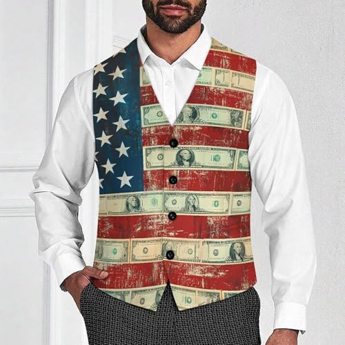 Vintage U.S. Dollar Flag Suit Vest for Men Slim Fit Tuxedo Waistcoat Button Down V Neck Business Dress Coat4