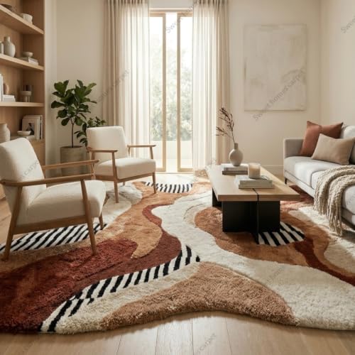 Image of SWEET HOMES Handwoven Shaggy Abstract Area Rug | Ultra Soft Plush Irregular Carpet, 10 x 12 Feet (305 x 366 cm), Brown Ivory