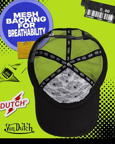 Image of Von Dutch Monogram Trucker Cap - Retro Snapback Cap for Men and Women - Adjustable Snap Fit Panel, Mesh Rear, Curved Bill