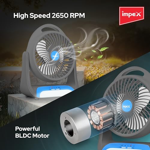 Image of Impex BLDC Rechargeable Fan with LED Lamp | 2400mAh Battery | High Speed 2650 RPM Portable Fan | 3 Speed Silent Operation with natural wind mode | Personal Mini Fan | USB-C Charging | 1 Year Warranty