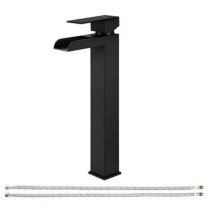 PARLOS Waterfall Vessel Sink Faucet Tall Bathroom Faucet Single Handle, Single Hole Bowl Basin Mixer Tap with Water Supply Lines, Matte Black