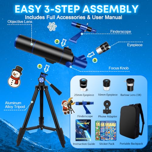 Image of Hawkko Telescope for Adults & Kids Beginners, 80mm Aperture 500mm Telescopes for Adults Astronomy, (20X-150X) Portable Refractor Telescope Kit with Decorate Stickers, Backpack, Phone Adapter-BlackBlue