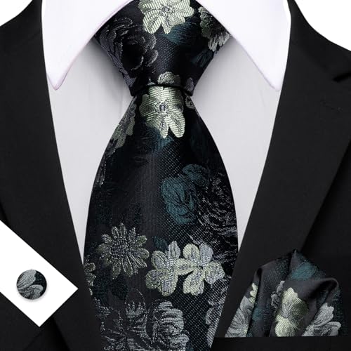 Image of Barry.Wang Flower Ties for Men Handkerchief Cufflinks Set Wedding Necktie Set Party
