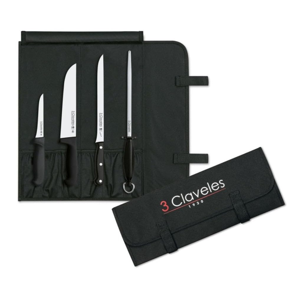 3 CLAVELES Set Cuchillos de Cocina-Cuchillo Carnicero, Deshuesador y Jamonero + Chaira + Maletín Portacuchillos con capacidad para 6 piezas, Alloy Steel, Cranberry, 39.5x19x24 cm