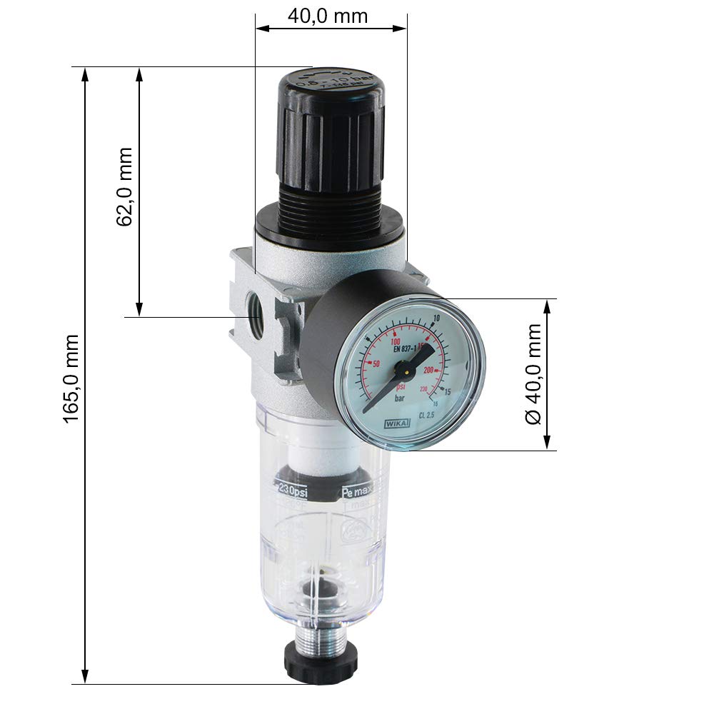 Fittingteile - Druckregler Baureihe 0-1450 l/min - Druckminderer Druckluftregler (Gewinde: G 1/8" - Ablass: Halbautomatisch - Regelbereich: 0,5-10 bar)