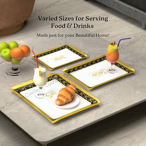 Image of Castleite Valencia Series Melamine Trays Set of 3 with Handles for Serving Snacks or Tea - A Designer Tray Medley for Home or Cafe Use (Soriana)