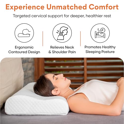 Image of FOVERA Cervical Pillow for Neck Pain | 2 Years Warranty | for Spondylitis Neck & Shoulder Pain, Orthopedic Memory Foam Pillow for Sleeping, King, 24 x 15 x 4.5 Inch, White Jacquard, Pack of 1
