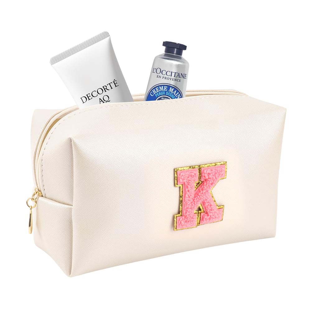 Preppy Large Makeup Bag-Customized Initial PU Leather Travel Cosmetic Bag,Ideal for Storing Makeup,Toiletries,and More,Gift for Women,Girlfriends,and Girls(Pearly White-Pink