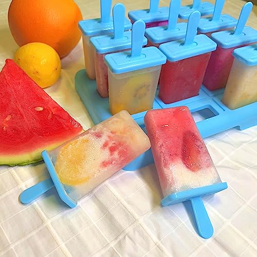 12 Cavities Popsicles Molds, Without BPA Popsicle Molds with Built-in Popsicle Stick, DIY Popsicle Molds with Cleaning Brush and Funnel