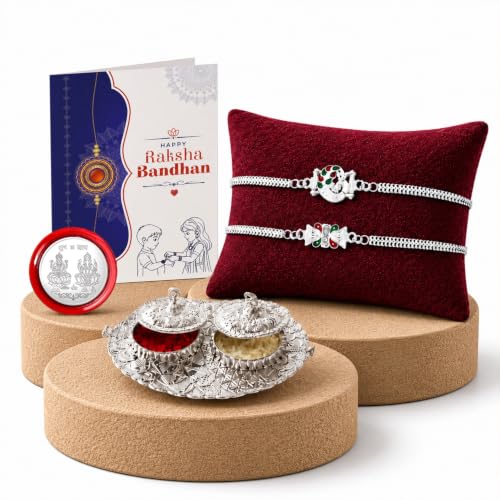 Image of Oblivion Rakhi for Brother | Rakhi Set for Brother with 2 Silver Colour Rakhis, Raksha Bandhan Greeting Card, Coin & Kumkum Chawal Pooja Thali | Rakhi Gift Set for Bhai