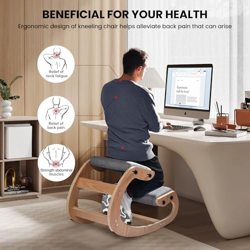 Image of Easyego Kneeling Chair Ergonomic Posture Chair, Wood Adjustable Rocking Knee with Soft Padding, Natural Relief for Neck or Back Pain for Home Office, Max Load 300 lb - Gray
