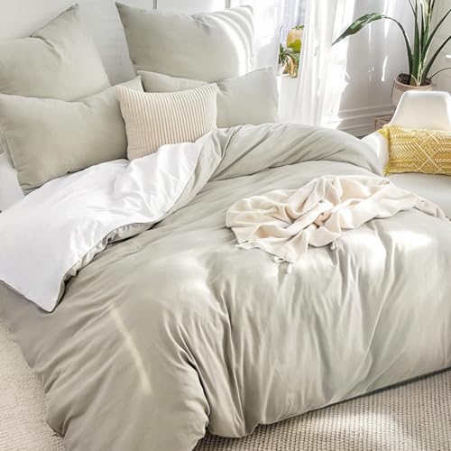 RUIKASI Cream Beige Double Duvet Set White - Reversible Beige Duvet Cover Double Bedding Set with Zip, Soft Brushed Microfibre Double Bed Set Quilt Cover with 2 Pillowcases