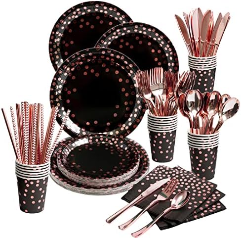 200 Pieces Black and Rose Gold Party Supplies - Rose Gold Dot on Black Paper Plates Napkins Straws and Cups Silverwares Serves 25 for Wedding Bridal Shower Birthday Party Decorations