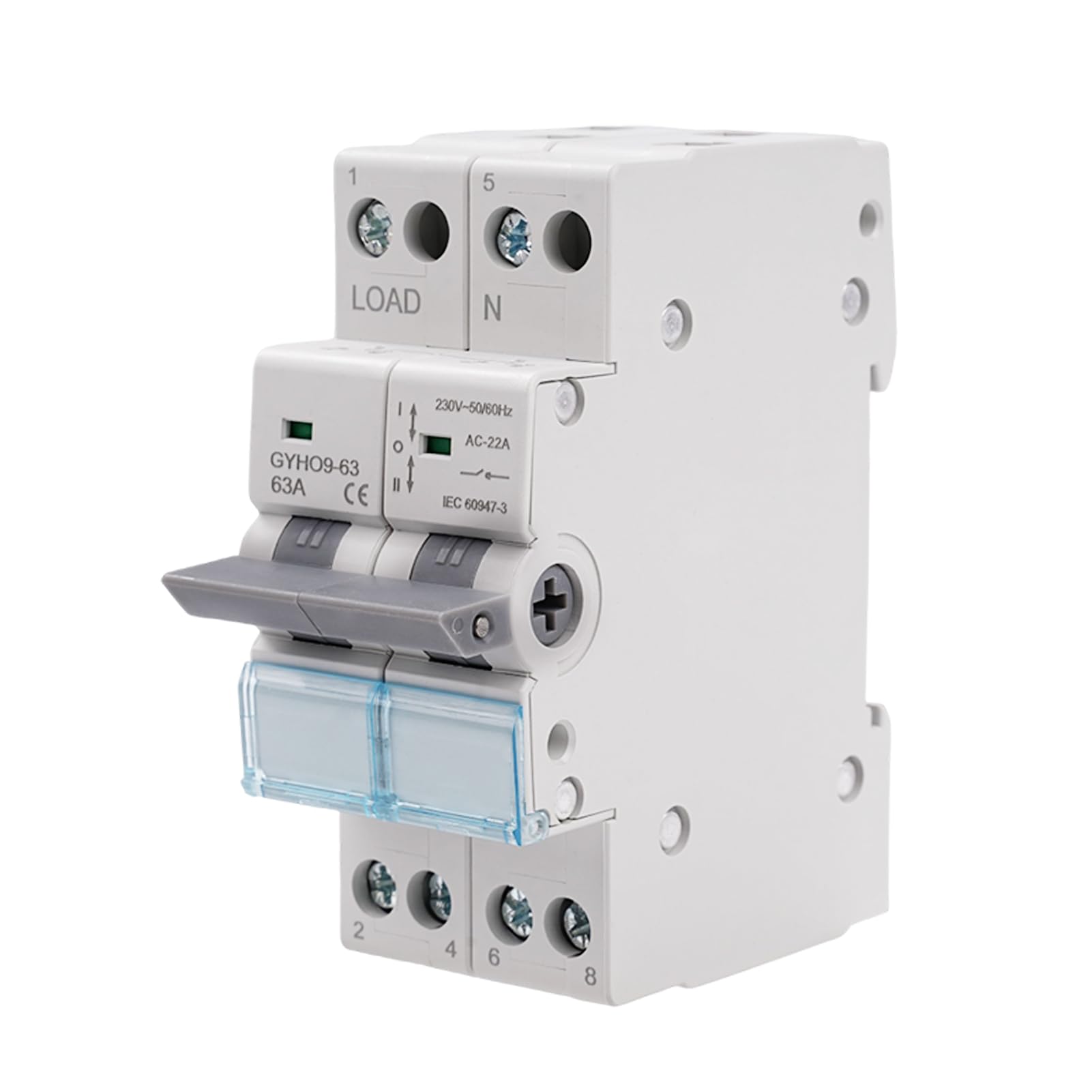 Commutatore 2P 63A interruttore separatore di carico Dual Power Manual Transfer Isolating Switch AC 230V con doppia potenza con indicatore di potenza, montaggio su guida DIN.