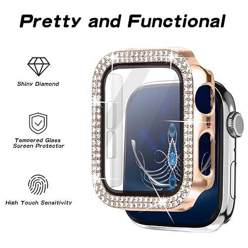 Magnetic Band Compatible with Apple Watch 38mm 40mm 41mm 42mm 44mm 45mm 46mm Stainless Steel Metal Strap with Bling Case and Built-in Screen Protector, Dressy Milanese Loop iWatch Bands for Women