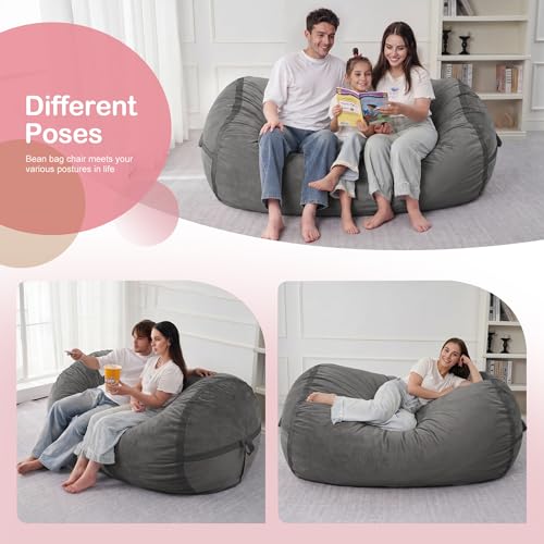 Image of 5FT Bean Bag Chair 5'Giant Bean Bag Chairs with Adults, Large Beanbag Chair | Bean bag Lounger with Machine Washable Cover Dutch Velvet Fabric, Comfy Chairs for Living Room, Bedroom, Dorm, Darkgrey