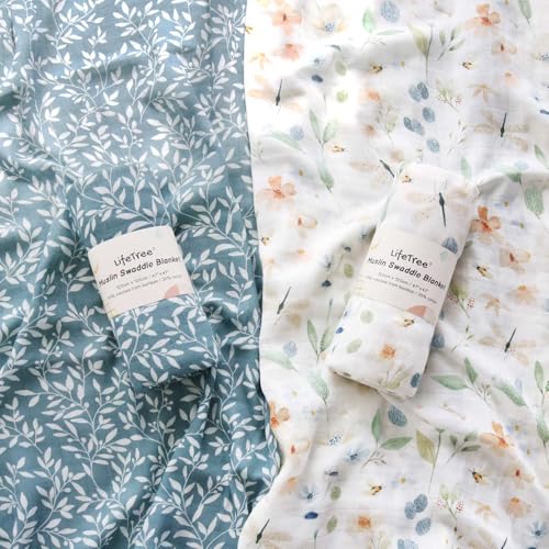 Image of LifeTree Baby Swaddle Blankets, Boys Girls Muslin Swaddling Wrap Receiving Blanket for Newborn, 70% Viscose from Bamboo and 30% Cotton, Large 47 inch x 47 inch, Blue Floral and Leaf