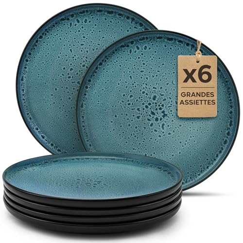 Twinzee 6 Grandes Assiette Azur - Compatible Micro-onde - Assiettes Service de Table Riviera Collection