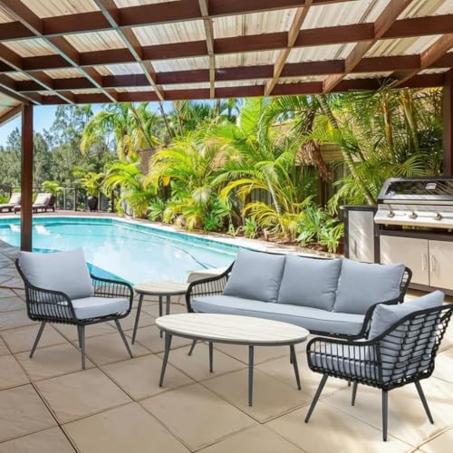 Image of LOCCUS 4 Piece Outdoor Patio Furniture Sets, All-Weather Sectional Sofa Patio Furniture Conversation Set, Glass Table & Washable Cushions for Backyard Porch Garden Lawn Balcony(Grey)
