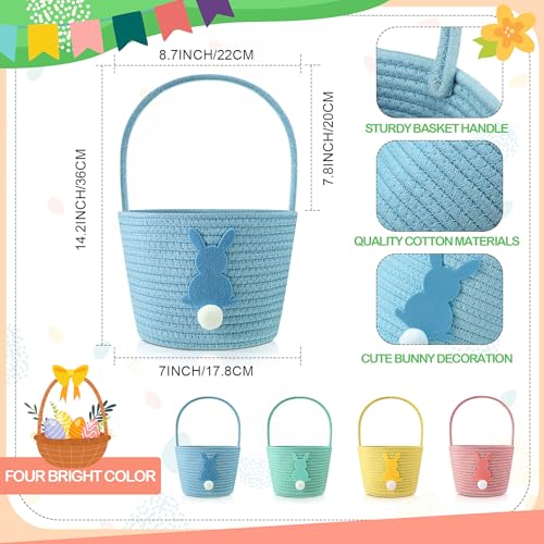 Image of Teenyyou 4 Pack Easter Basket Woven Bunny Baskets with Handles Eggs Hunt Bucket Rabbit Cotton Rope Tote for Baby's First Easter Basket Gift for Baby Toddler Boys Girls(Cute)