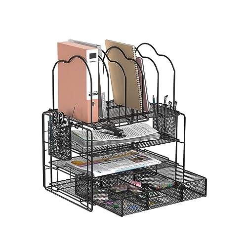 Caluself Schreibtisch Organizer mit Schubladen, 4 stufiger Schreibtisch Akten-Organizer,Multifunktionaler Schreibtisch Organizer mit 5 Vertikalen Aktenhaltern 2 Stifthaltern für Büro und(Schwarz)