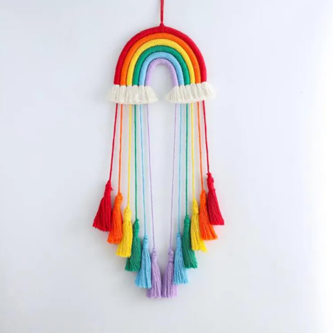 WARMINGO DE Rainbow Macrame Wall Hanging Decor | Kids Room Decoration | Handmade Knitted Cotton Woven Tapestry Wall Decorative Novelty Gifts (DESIGN B)-image-28