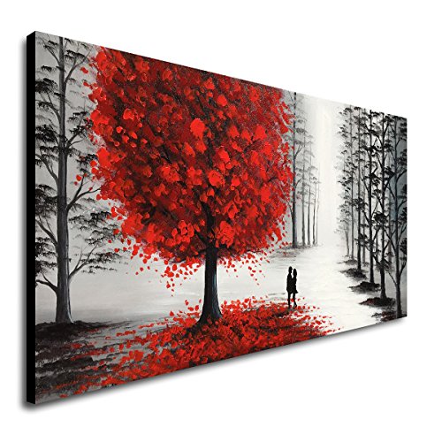 Handmade Oil Painting Black and White Large Landscape Canvas Wall Art with Red