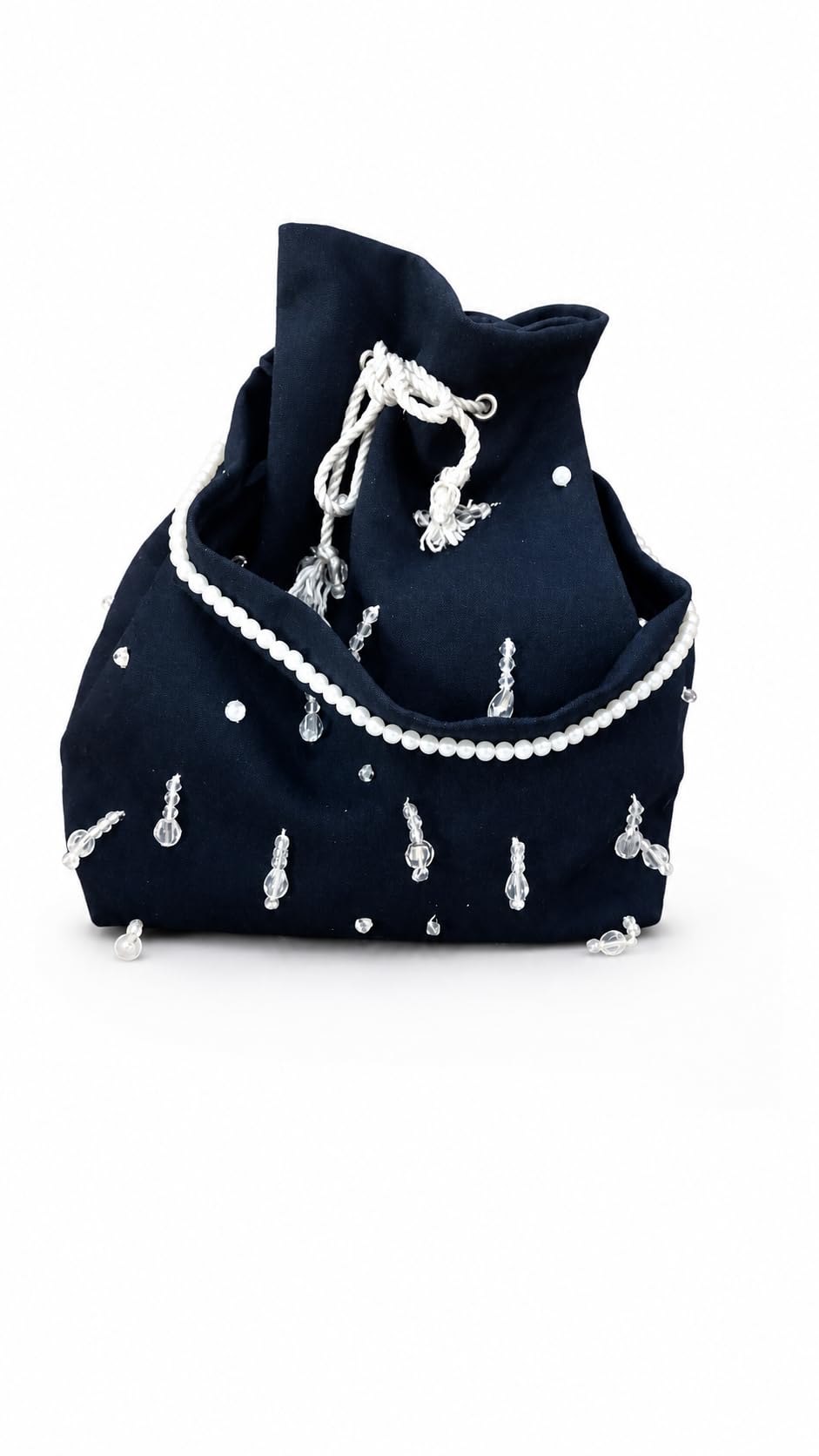 Denim Bag, Handcrafted, Pearl and Beaded Embellishment, Drawstring Closure, 14x22 Inch, for Weddings and Festive Occasions-image-13