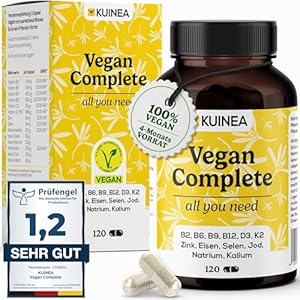 Vegan Complex – All in one Vitamine I 4-MONATS-VORRAT I Vitamin B12 Vegan+D3+K2+B2+B9+B6 + Zink + Eisen + Selen + Jod + Natrium + Kalium – Vegan Vitamine, Vegan Supplements