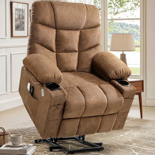 DWVO Power Lift Recliner Chair with Massage & Heat, Modern Fabric Recliner Chair, Spacious Fabric Seat, USB Ports, Cup Holders & Remote Control for Living Room, Brown