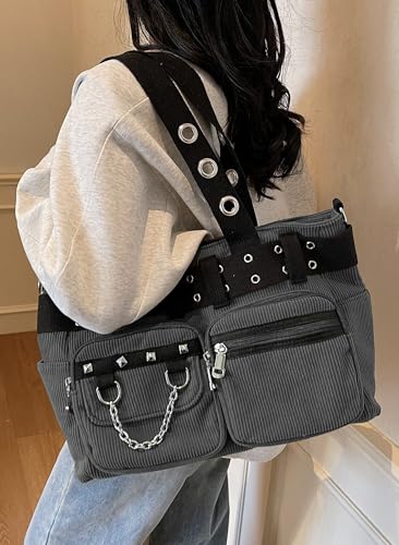 Image of Tote Bag for Women, Corduroy Gothic Purse Goth Bag with Zipper for College, Work, Travel, Gym