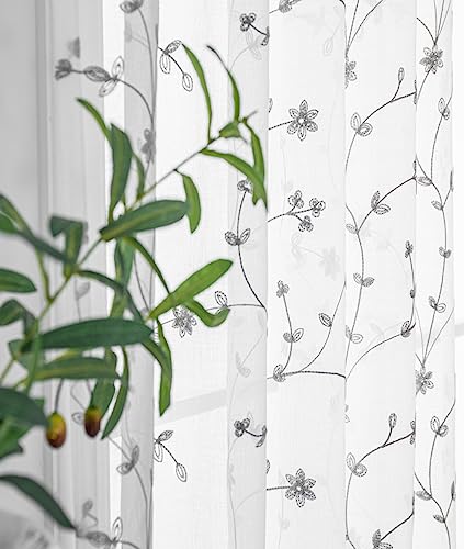 H.ebony Embroidered Grey Sheer Curtains 84 Inches Long For Bedroom, Rod Pocket Floral Embroidery Voile Semi Sheer Curtain Panels For Living Room, 2 Pieces, Grey On White #TOP4