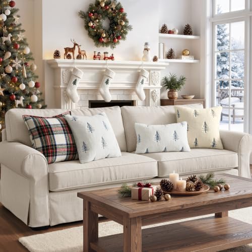 Image of MIULEE Christmas Decorative Faux Fur Pillow Covers 20x20 Inch White Blue | Set of 2, Embroidered Christmas Tree Throw Pillows, Winter Couch Covers, Festive Home Decor for Sofa Bedroom Living Room