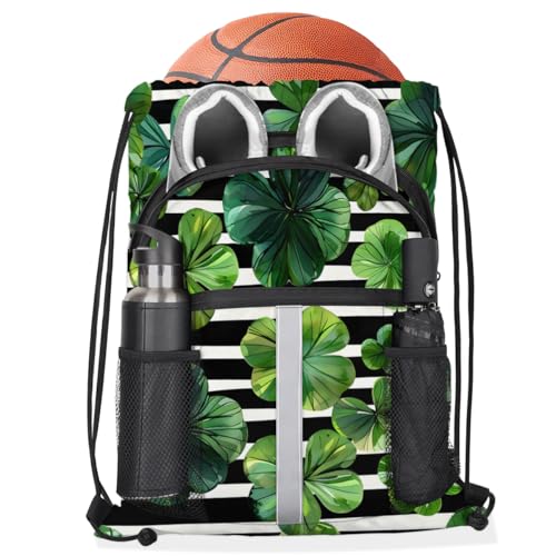 Green Clover Leaf Drawstring Backpack Waterproof String Bag Sackpack Black White stripe Cinch Sack for Traveling Gym Sports with Mesh Pockets3