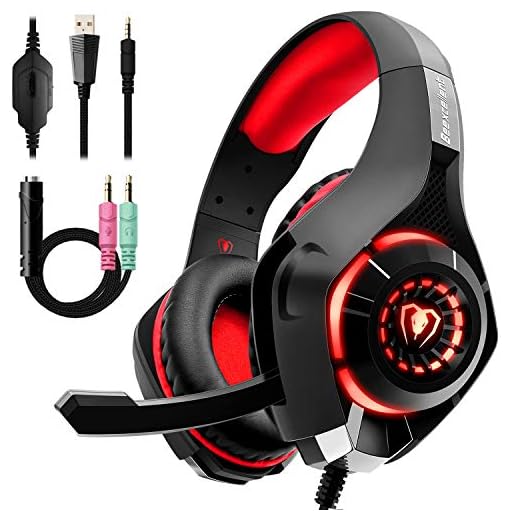 Auriculares Gaming Premium Stereo con Microfono para PS4 PC Xbox One, Cascos Gaming con Bass Surround Cancelacion Ruido, Diadema Acolchada y Ajustable, Microfono Unidireccional (Tiene un Adaptador)