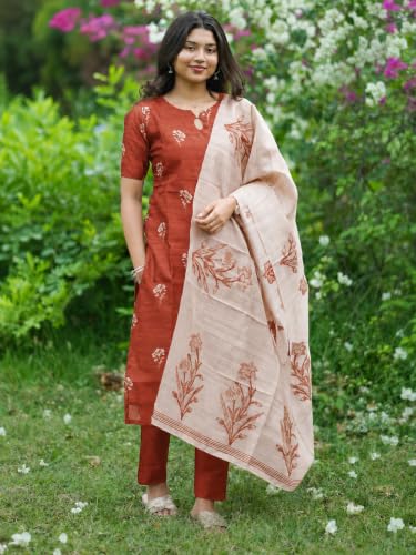 Image of Sun Fashion And Lifestyle Kurta Sets for Woman | Kurti Set | Women's 3 Piece Kurta Pant Dupatta Set |Chanderi Silk Kurta Woman | Elegant Suit for Women | Dupatta