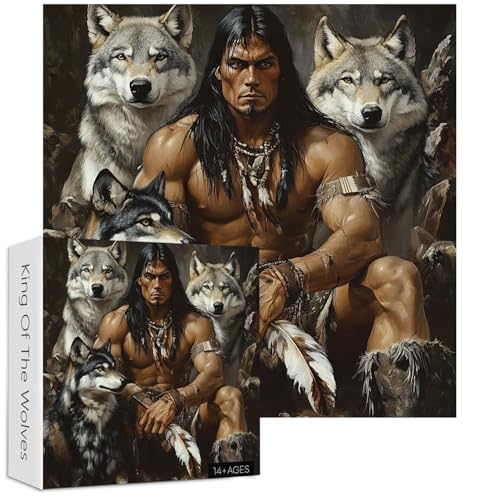 Rompecabezas Native Americans King with Wolves para adultos 1000 piezas. Hombre Indio y Lobo Gris. Rompecabezas desafiantes, vintage, animal, arte miniatura 2