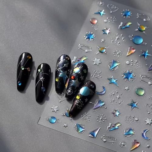 Image of 5D Embossed Star Nail Art Stickers Crystal Soft Glue Nail Stickers Blue Ombre Designs Nail Decals Supplies Self Adhesive DIY Manicure Acrylic Decoration Accessories