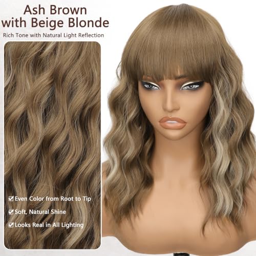 Image of Nnzes Short Wavy Bob Wig with Bangs for Women Shoulder Length Curly Soft Ash Brown with Beige Blonde Highlights Synthetic Heat-Resistant Fiber Hair for Daily & Party Use