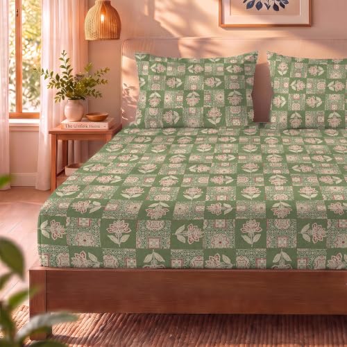 Image of Urban Space 144 TC Divine 100% Cotton Bedsheet for Double Bed with 2 Pillow Covers, Queen Bedsheet (Size 90 x 100 inches, Adaa Olive, Double)