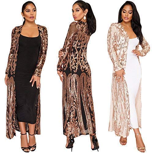 Vnytop Women Black Totem Sequin Applique Long Sleeve Perspective Long Cardigan Cloak #TOP1
