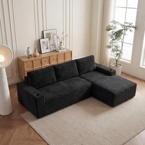 Image of 104 inch L Shaped Boneless Sectional Couches for Living Room, Comfy Corduroy Floor Cloud Sofa with Chaise and Cup Holder, Wide Armrest, Deep Seat, Assembly Free, Ideal for Small Spaces, Black