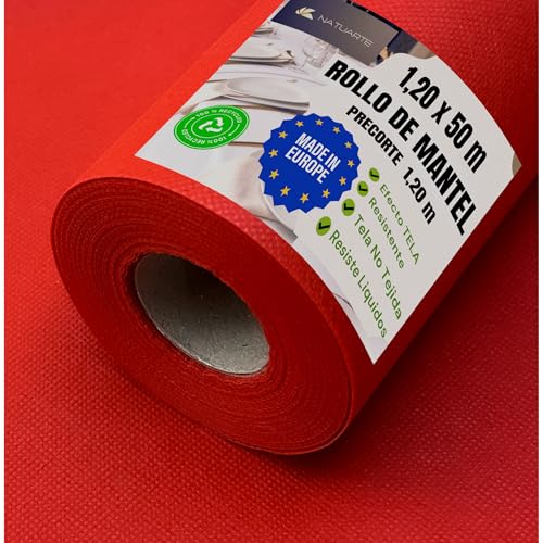 NATUARTE Rollo Mantel Desechable Mantel Desechable Rollo 1.20 m x 50 m - Tejido No Tejido Efecto Tela - Reutilizable - Precorte Invisible Cada 1,20m - Rojo 1,20x50