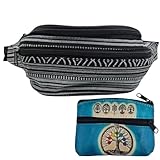 Riñonera Hippie de Tela con Monedero de Piel Artesanal con Símbolos Andinos y Árbol de la Vida | Riñonera Unisex para el Día a Día. (Azul Claro)