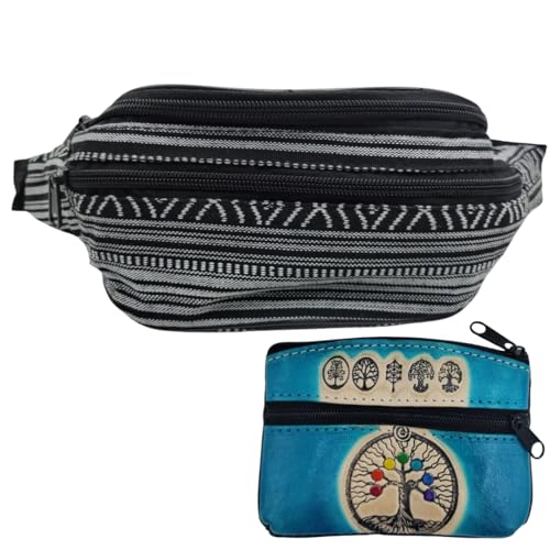 Riñonera Hippie de Tela con Monedero de Piel Artesanal con Símbolos Andinos y Árbol de la Vida | Riñonera Unisex para el Día a Día. (Azul Claro)