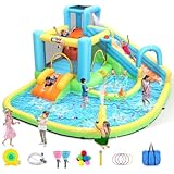 Whubefy Inflatable Water Slide, 12.8x12Ft Water Bounce House with Slide, Jumping Area, Catch Ball, Toss Rings, Water Blaster, with 10 Accessories, Outdoor Waterpark for Kids Summer Fun, Holds 5 Kids